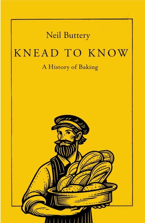 Book cover: "Knead to Know" with illustration of a baker and bread.