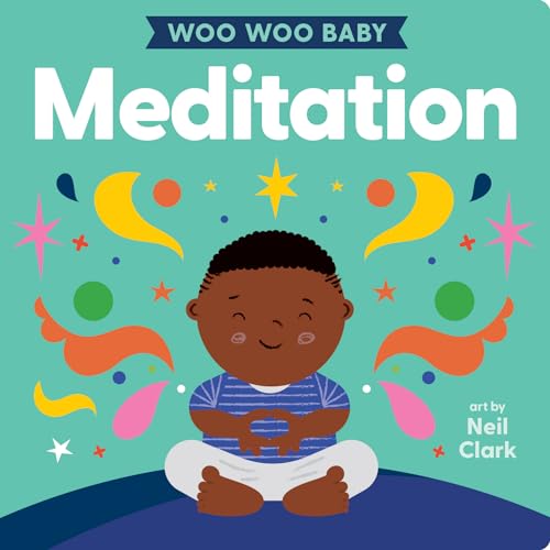 Book cover: baby meditating, colorful stars, and crescent moons.