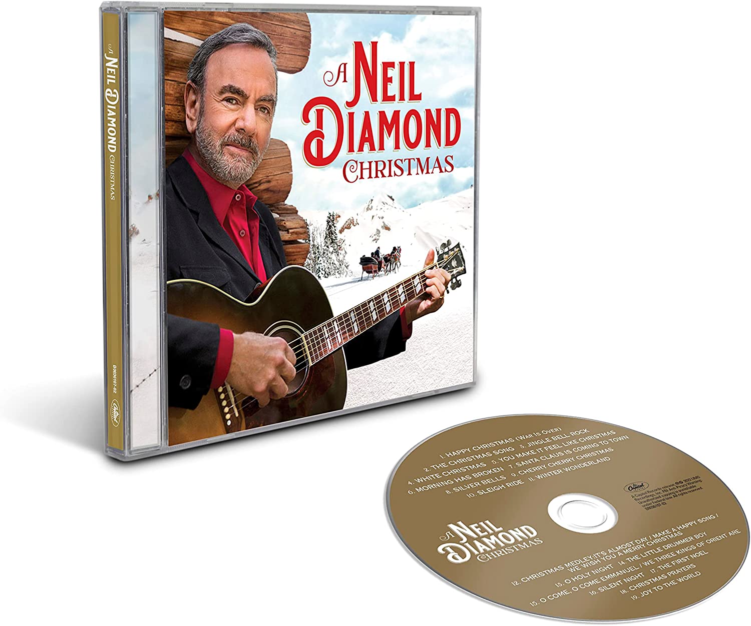 "Album cover featuring Neil Diamond holding a guitar, with a snowy scene in the background."
