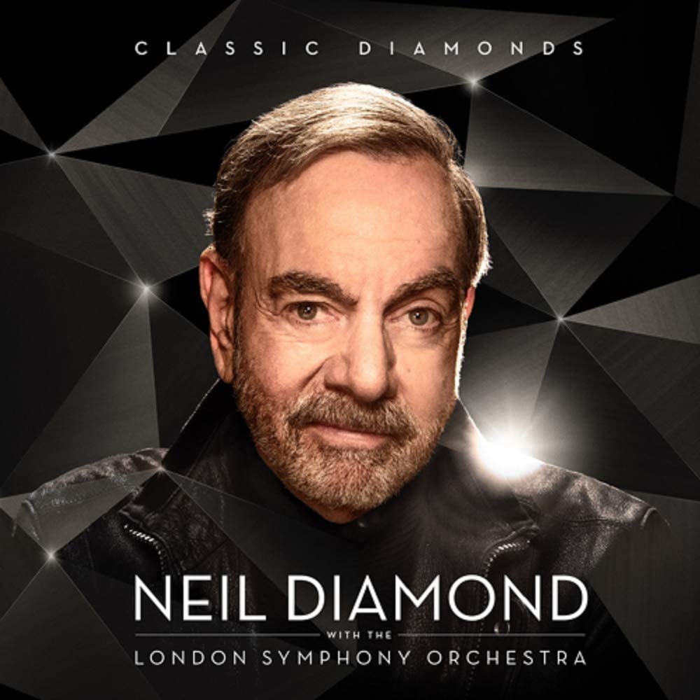 "Album cover featuring Neil Diamond with geometric black background and white text."
