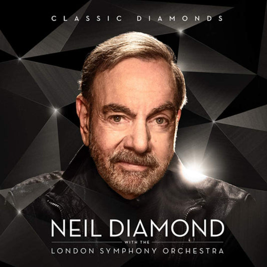"Album cover featuring Neil Diamond with geometric black background and white text."