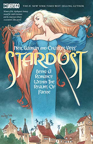A woman with long flowing hair stands above a village in this book cover.