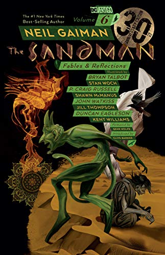 The Sandman Volume 6 cover features a green demon, a kneeling figure, and flames.