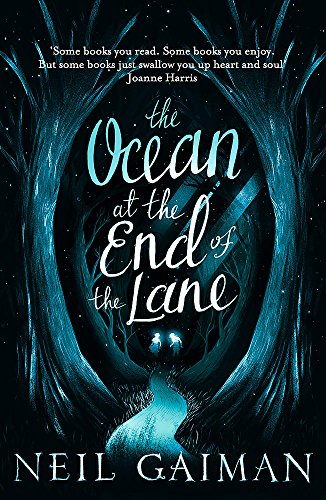 Book cover with blue glowing path through dark trees and two small figures.