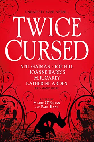 Red book cover with white title "Twice Cursed" and a unicorn silhouette.