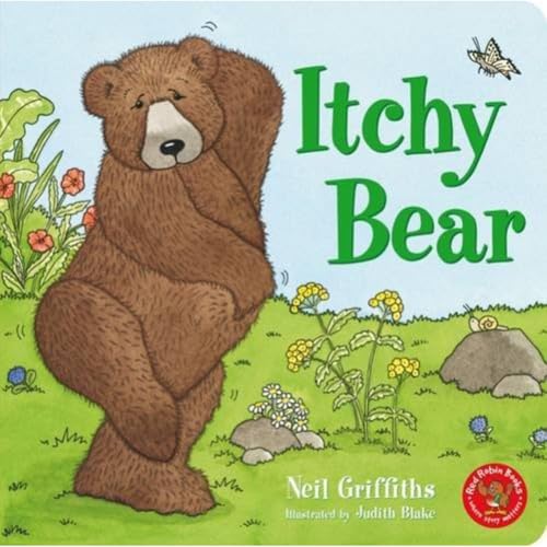 Brown bear scratching back, book cover titled "Itchy Bear" by Neil Griffiths.