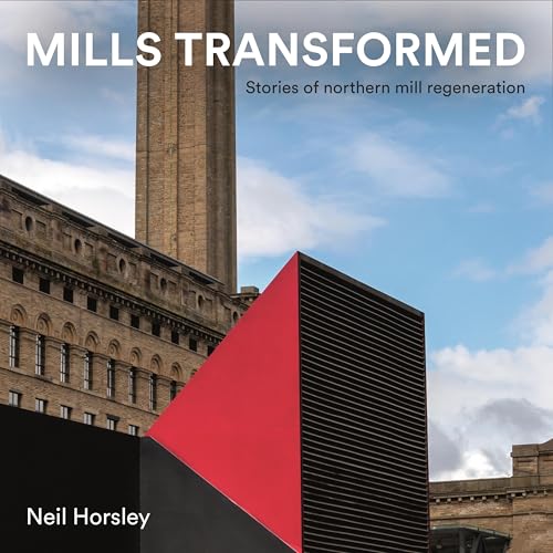 Book cover featuring a historic brick mill and modern red geometric shapes.