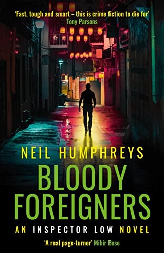Book cover: dark alley, lone figure, title “BLOODY FOREIGNERS” in large white text.