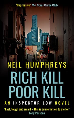 Book cover: city skyline behind a dark alley, bold title “RICH KILL POOR KILL”.