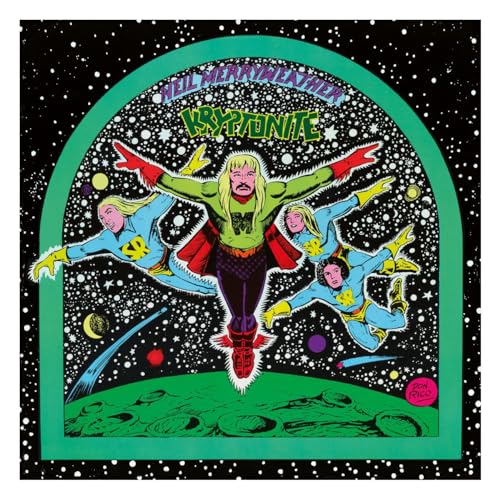 Comic book style illustration of Neil Merryweather and others flying in space above moon.