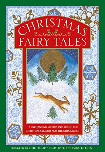 Book cover with “Christmas Fairy Tales” title, snowy landscape, and leaping hare.