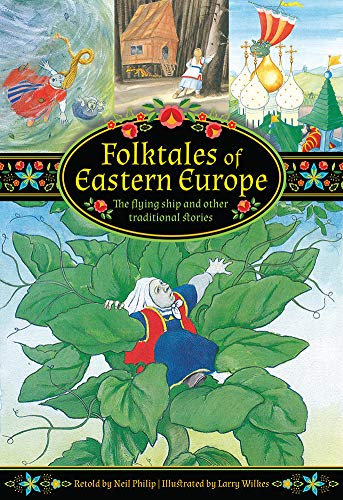Book cover with fairytale illustrations: a flying ship, a giant leaf, and a ladybug.