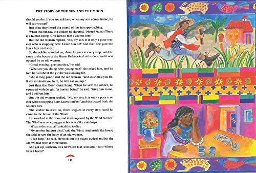 Open book page with colorful illustrations of figures and a village scene.