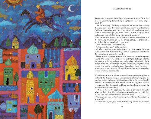 Open book page with colorful illustration of a fantastical city scene.