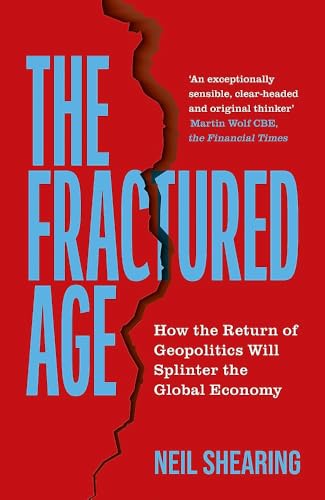 Book cover with red background, a vertical crack, and blue text reading The Fractured Age.