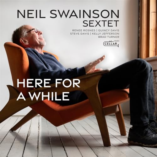 CD cover: Man in chair, text “Here For A While”, band names.