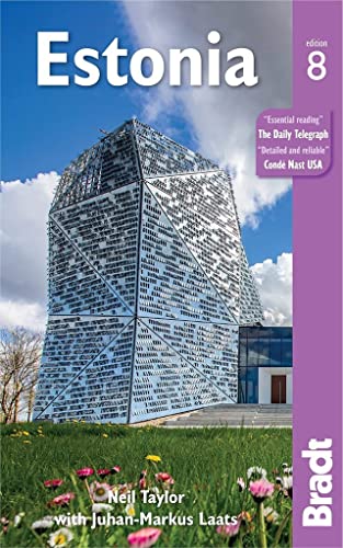 Estonia travel guide cover with modern architecture and wildflowers.