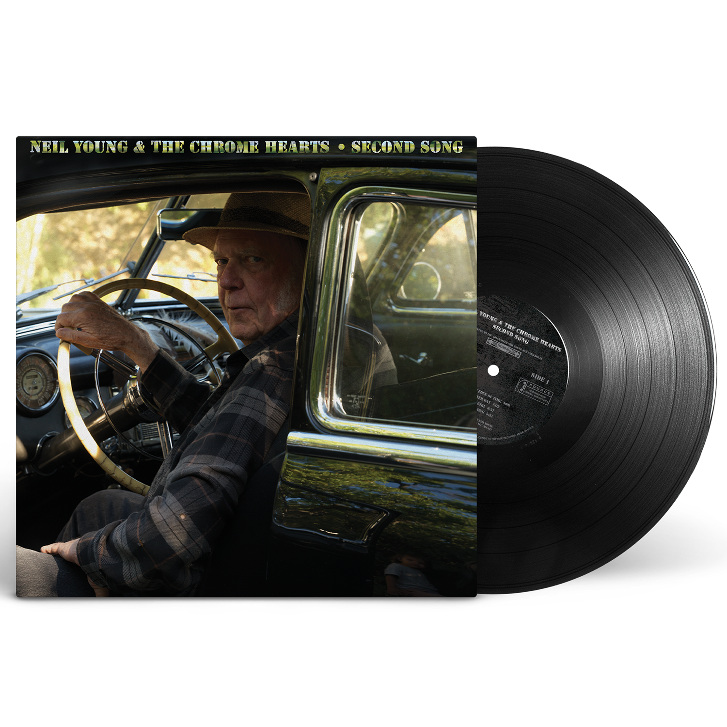 Vinyl record with cover art featuring Neil Young driving a car.