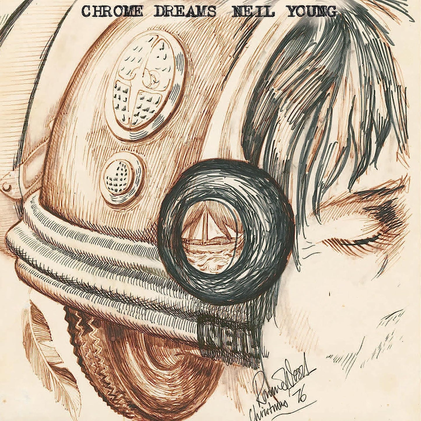 "Album cover art: helmet with sailboat reflection, signed 'Christmas 76' by Raymond Wood."