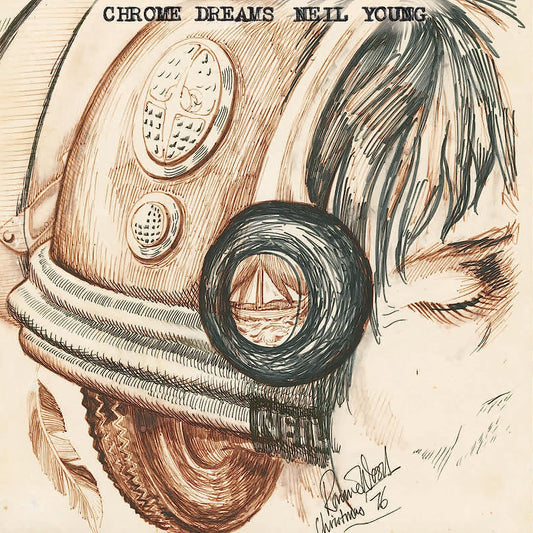 "Album cover art: helmet with sailboat reflection, signed 'Christmas 76' by Raymond Wood."