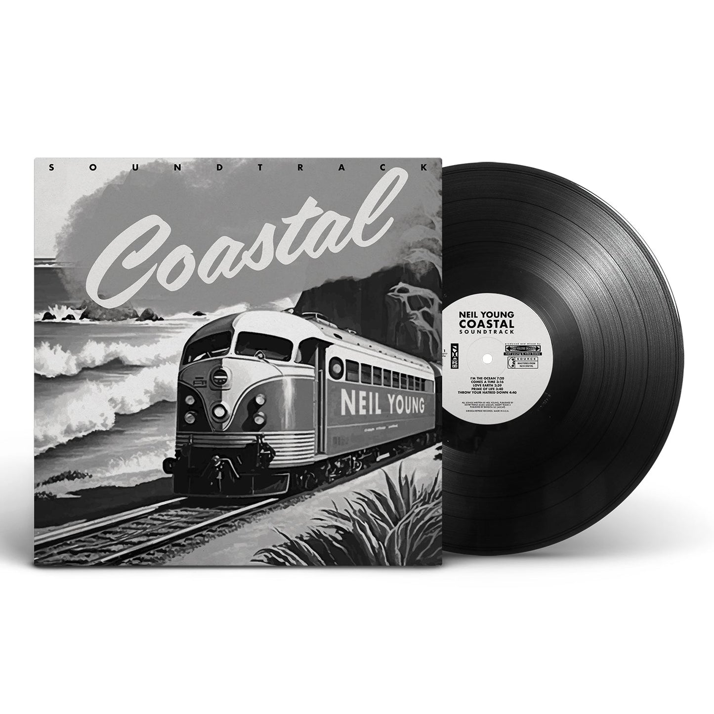 Neil Young Coastal vinyl record and album cover featuring a train by the ocean.