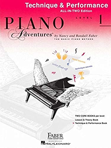 Piano Adventures technique and performance book, level one, with a piano image.