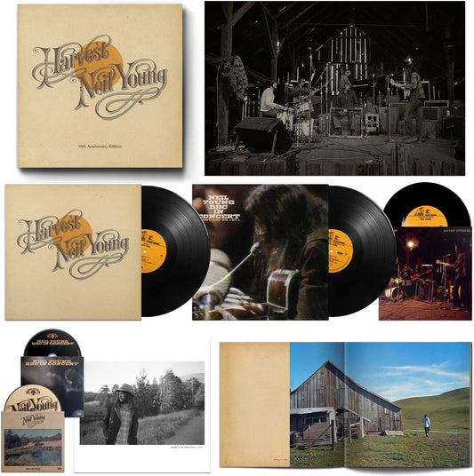 "Neil Young's 'Harvest' 50th Anniversary Edition vinyl, CDs, and DVDs with album artwork and photos."