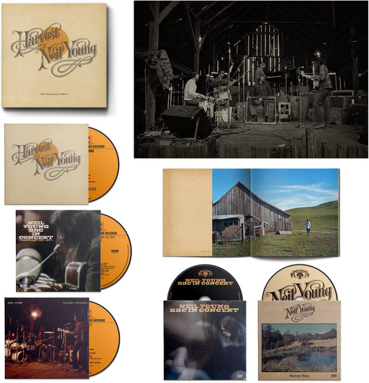 "Neil Young's 'Harvest' 50th Anniversary Edition box set with CDs, DVDs, and album artwork."