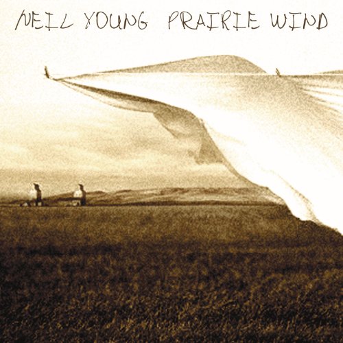 "Neil Young's 'Prairie Wind' album cover featuring a sepia-toned landscape with a wind-blown fabric."