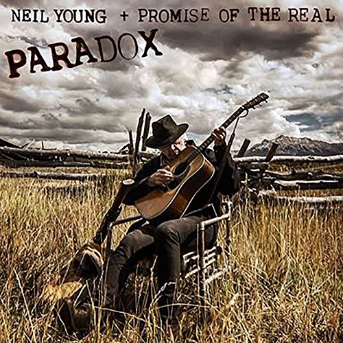 Neil Young with guitar seated in a field under a cloudy sky.