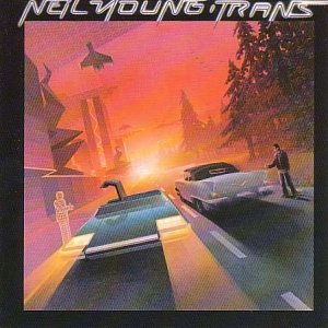 Neil Young’s “Trans” album cover: painted scene with cars and figures.