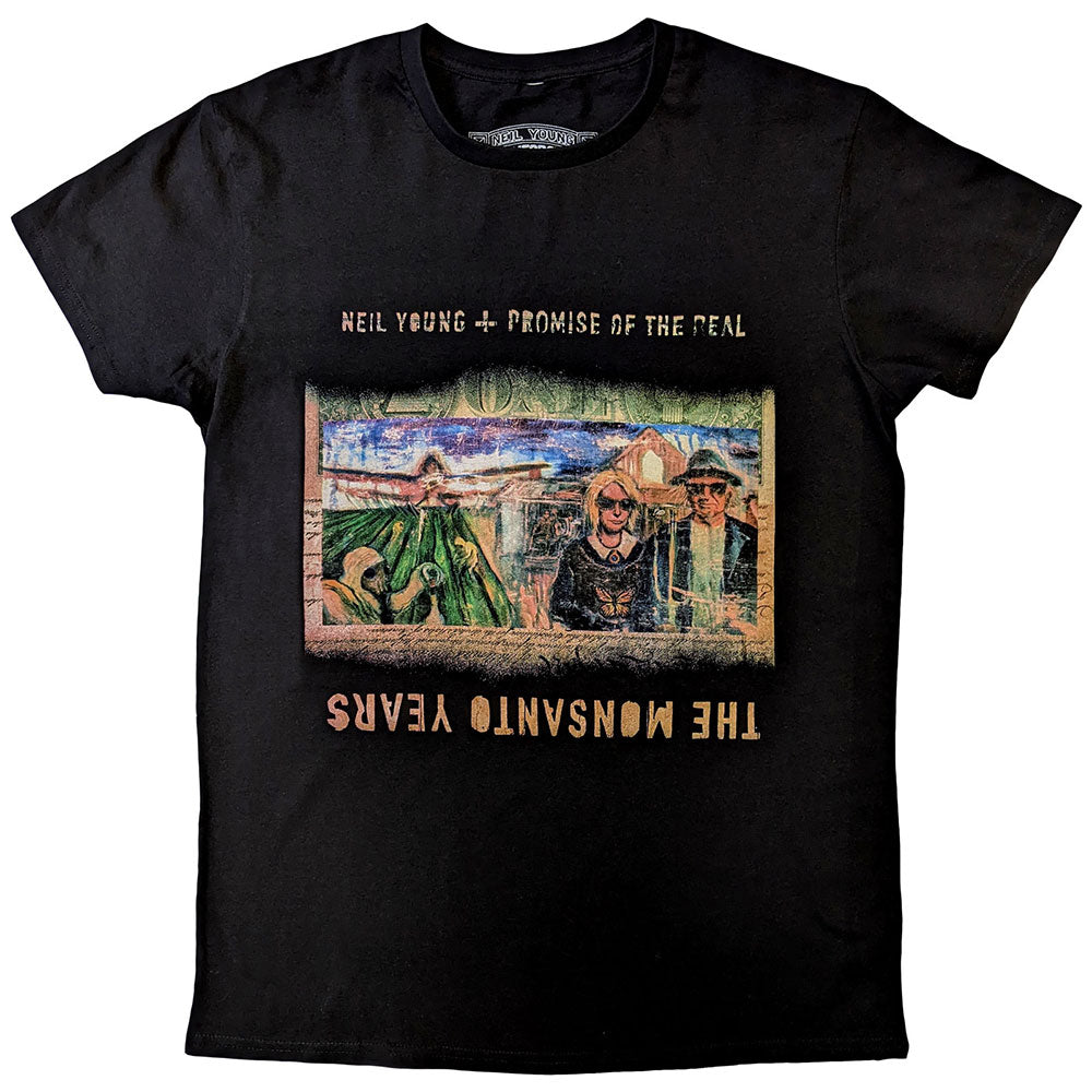 Black t-shirt featuring Neil Young's "Monsanto Years" album cover artwork.
