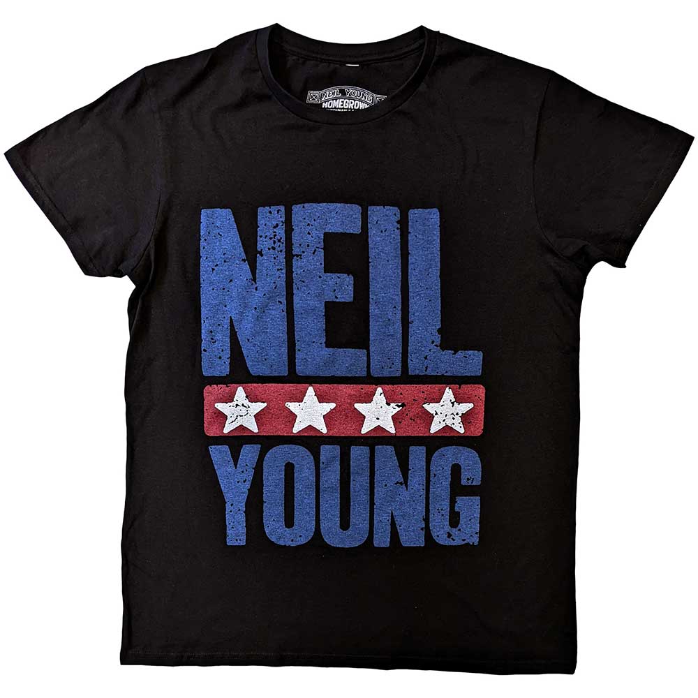 Black t-shirt with white Neil Young stars logo, size X-Large.