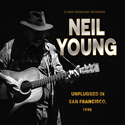 Neil Young with guitar, black and white album cover, 1995 recording.
