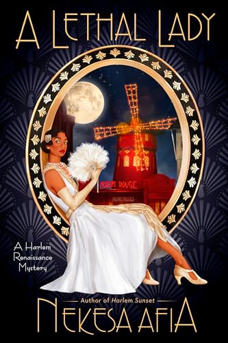 Book cover: woman in white dress, windmill, moon, art deco design.