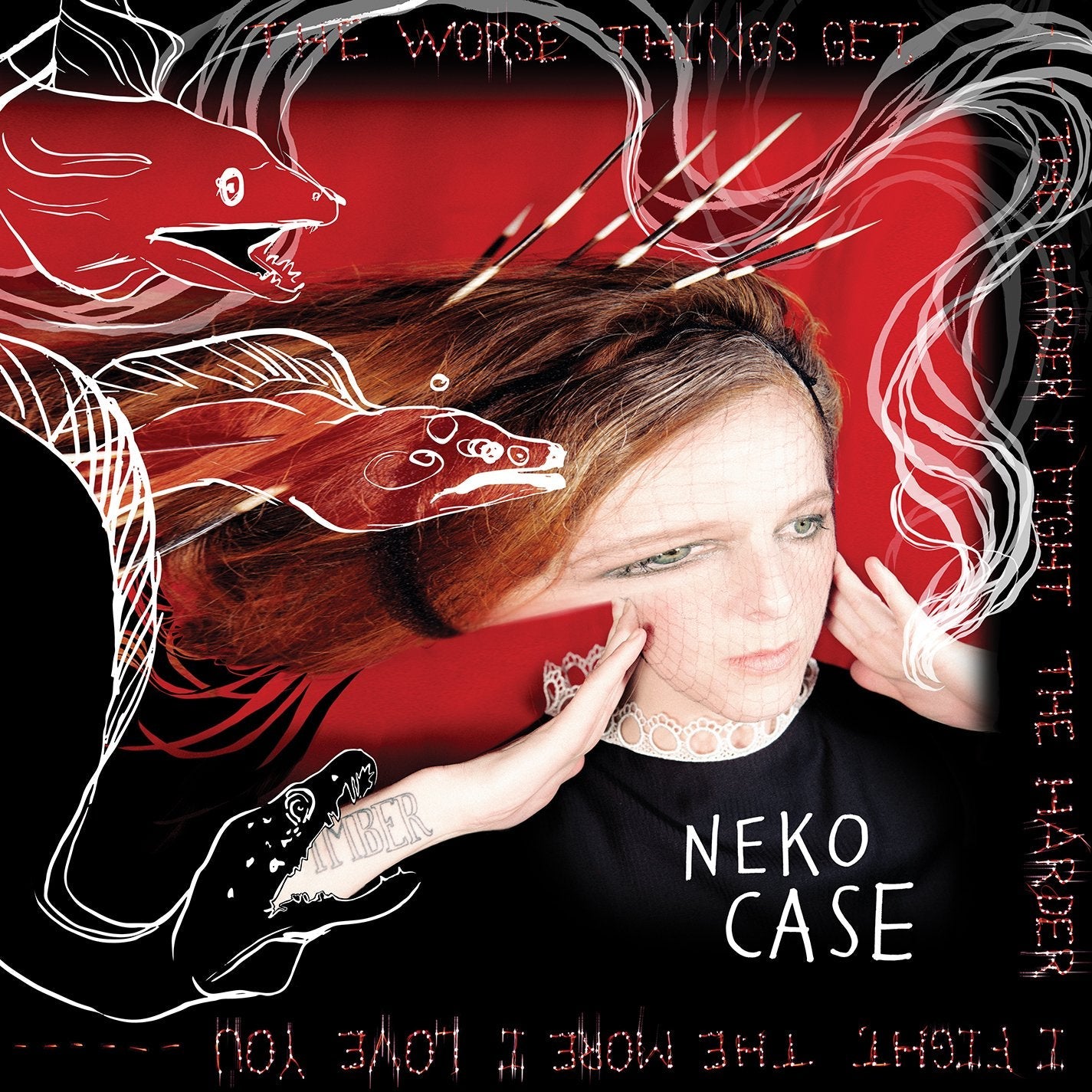 Neko Case album cover: woman with sketched animal figures and red background.