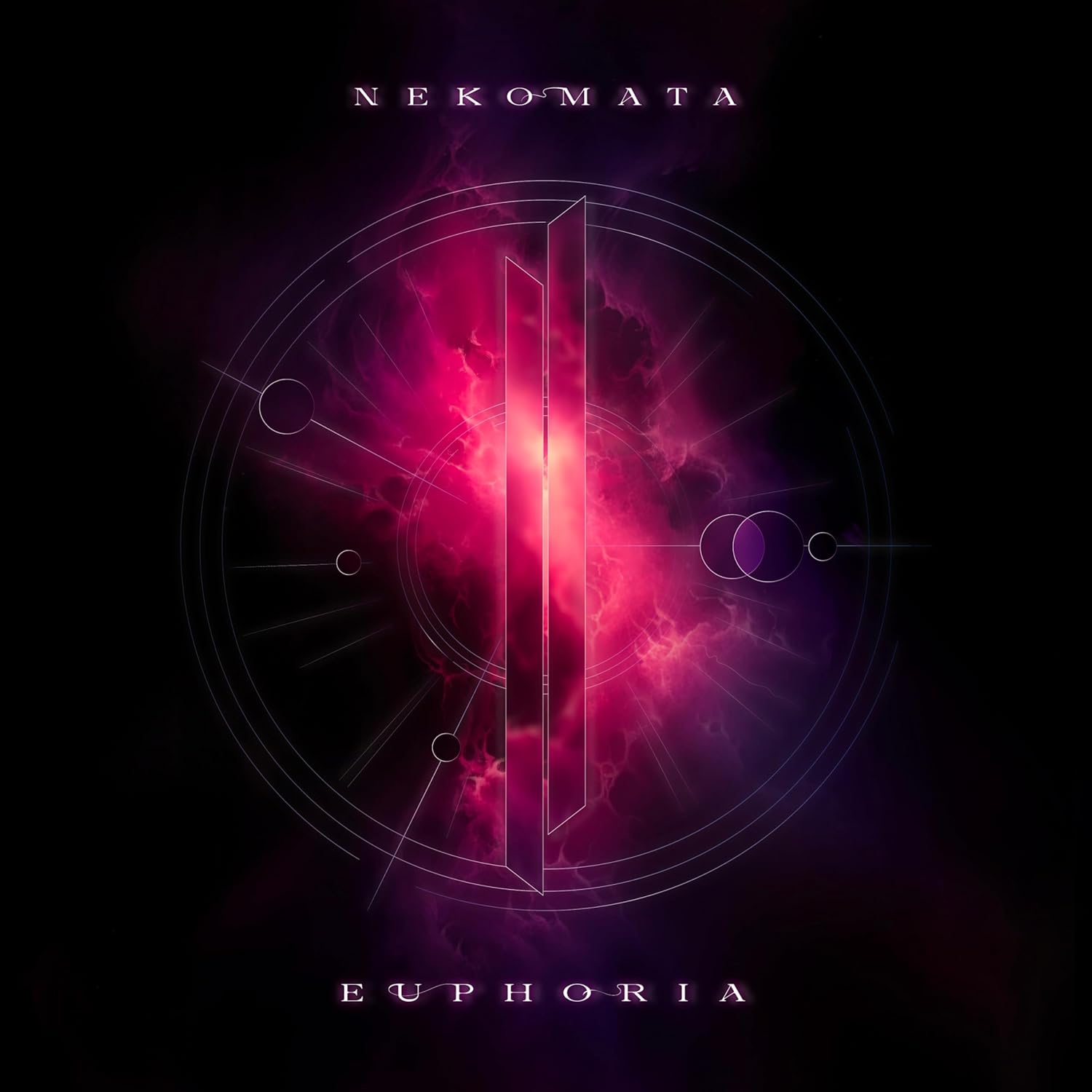 Dark album cover with pink nebula, geometric lines, and "Nekomata - Euphoria" text.