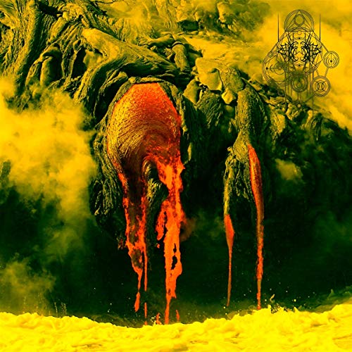 The image depicts a CD cover with a volcano and abstract design. Here is a possible alt text: "CD cover featuring a volcano with red lava and abstract design."