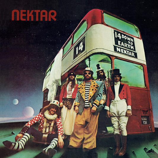 Album cover: Nektar’s “Down to Earth” featuring a band and a bus.