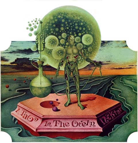 Surreal album cover featuring a green humanoid figure within a bubble.