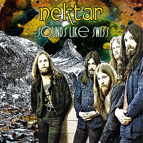 CD cover featuring the band Nektar against a backdrop of snowy Swiss mountains.