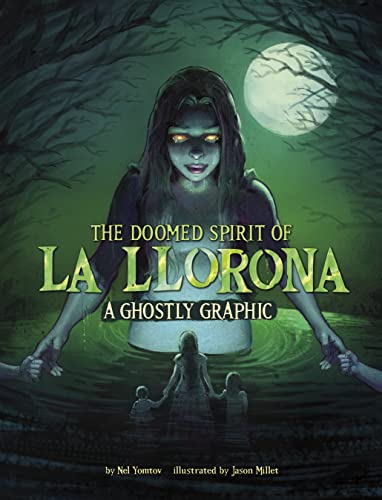 Ghostly illustration of La Llorona with glowing eyes, standing in water.