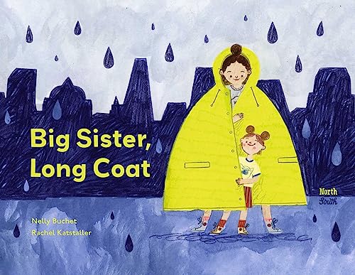 Illustration of two young girls under a large yellow raincoat in rain.