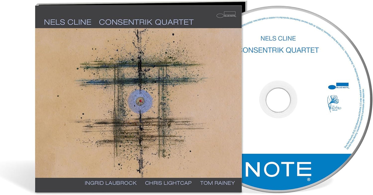 CD cover for Nels Cline’s Consentrik Quartet, abstract blue and gray design.