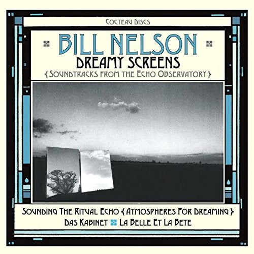 "Album cover with black and white landscape image, blue and black border, and artist's name."