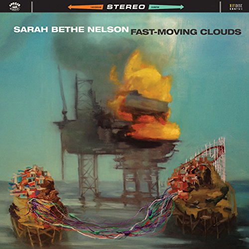 CD cover: oil rig on fire with colorful islands below clouds.