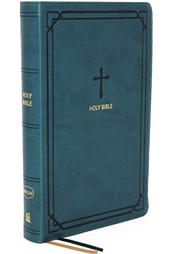 Teal, compact Holy Bible with a cross emblem and gold lettering on the cover.