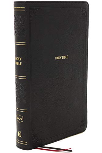Black leathersoft Bible, closed, with red ribbon marker and gold page edges.