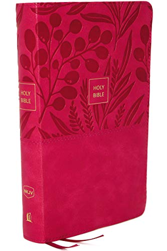 Pink floral embossed Holy Bible with gold lettering on a white background.
