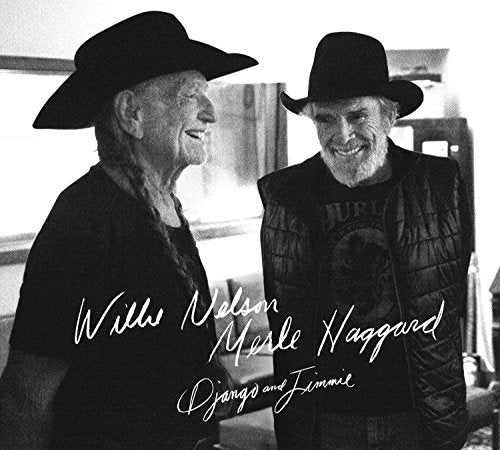Black and white photo of Willie Nelson and Merle Haggard wearing cowboy hats.